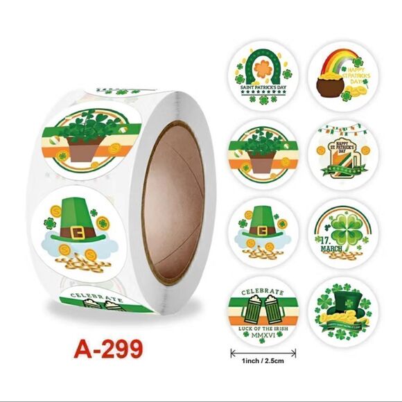 500 St. Patrick's Day Sticker Roll, 1 Inch 8 Styles Irish Green Shamrock - Picture 1 of 3